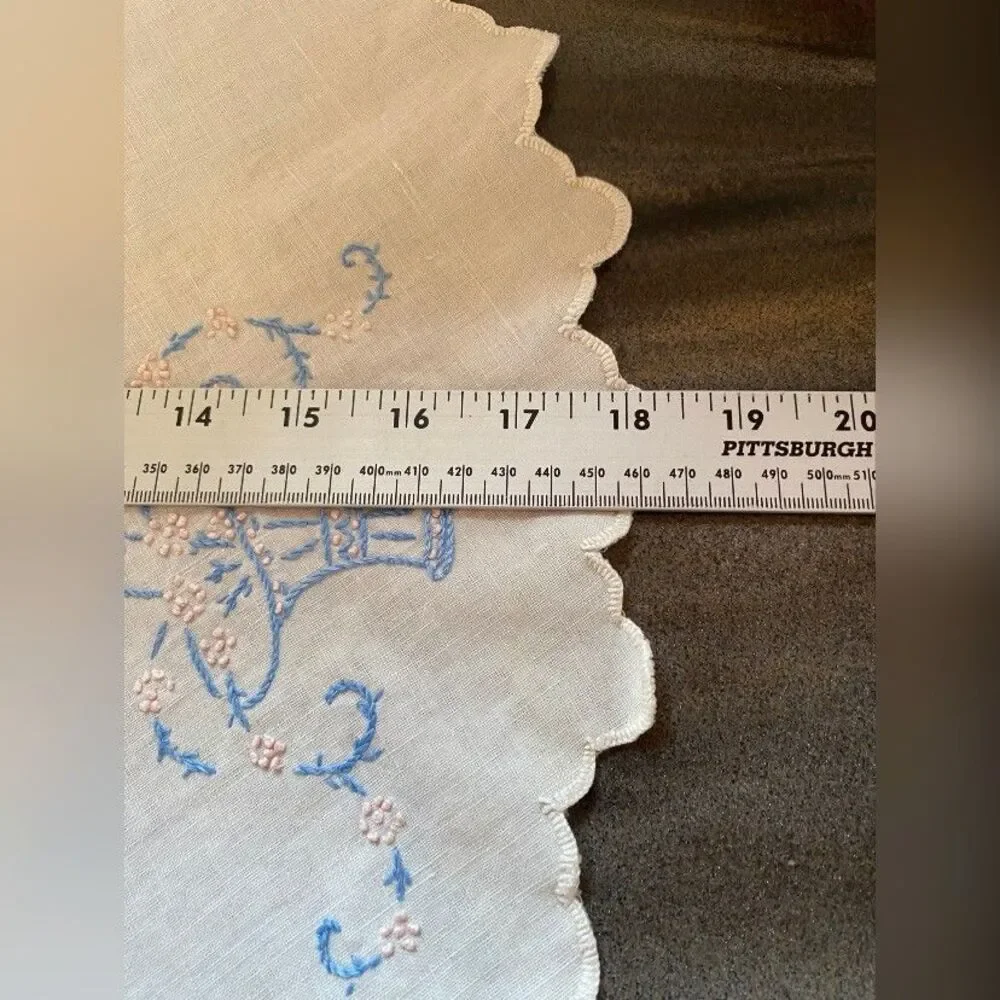 Vintage Tablecloth Small White Linen Embroidered Floral Basket 18” *Read*